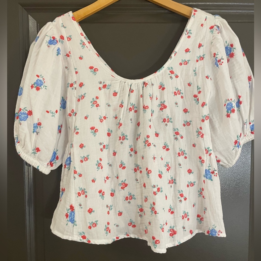 DEX Chloe printed top Tea cotton gauzy tie back puff sleeves flowing babydoll M